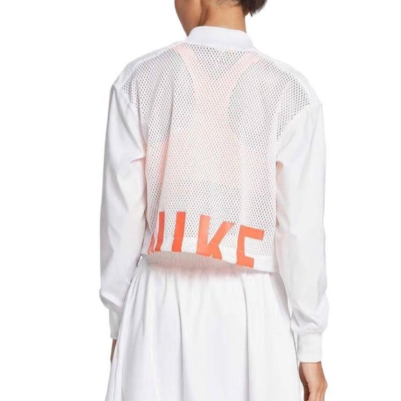 NIKE Sportswear White Mesh-trimmed Cropped Bomber Jacket Size Medium - Picture 1 of 9
